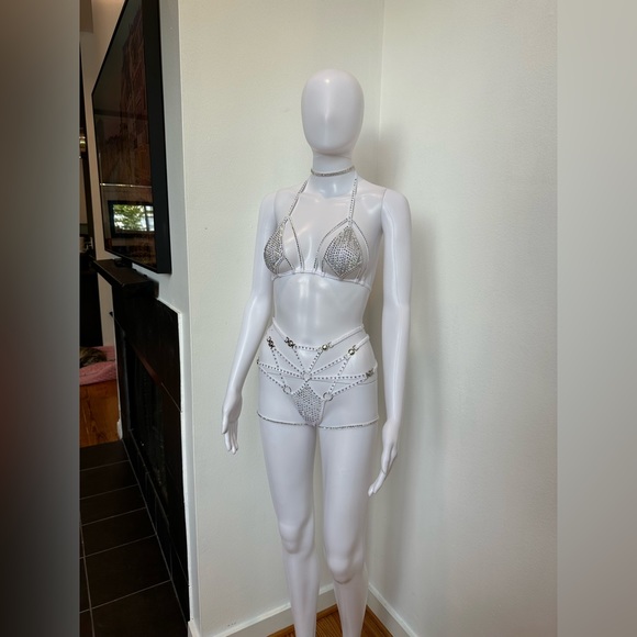 White AB Rhinestone 4 Piece Lingerie Set Bikini XS, D Cup, Festival, Rave, Dance - Picture 9 of 13